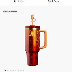 Stanley Red Tumbler with Orange Handle and Gold Pineapple Straw Charm